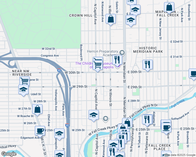 map of restaurants, bars, coffee shops, grocery stores, and more near 2935 North Capitol Avenue in Indianapolis