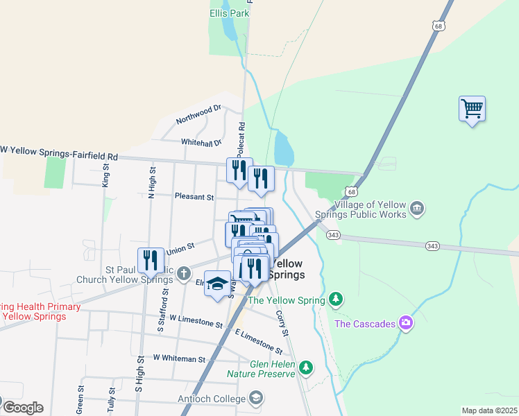 map of restaurants, bars, coffee shops, grocery stores, and more near 305 North Walnut Street in Yellow Springs