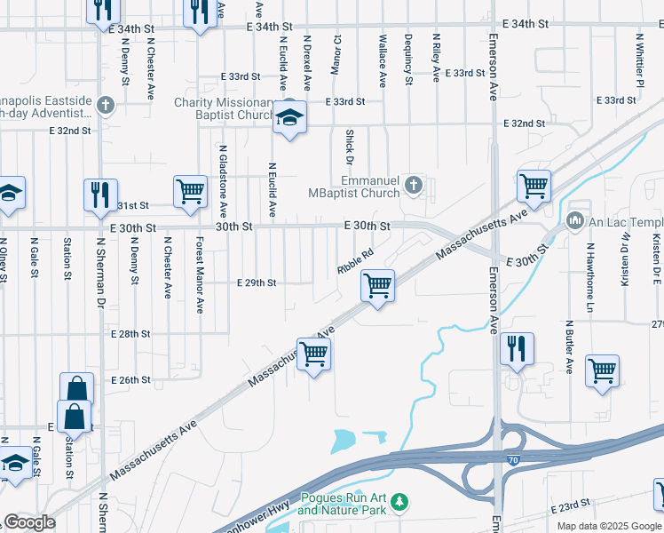 map of restaurants, bars, coffee shops, grocery stores, and more near 2943 Arthington Boulevard in Indianapolis