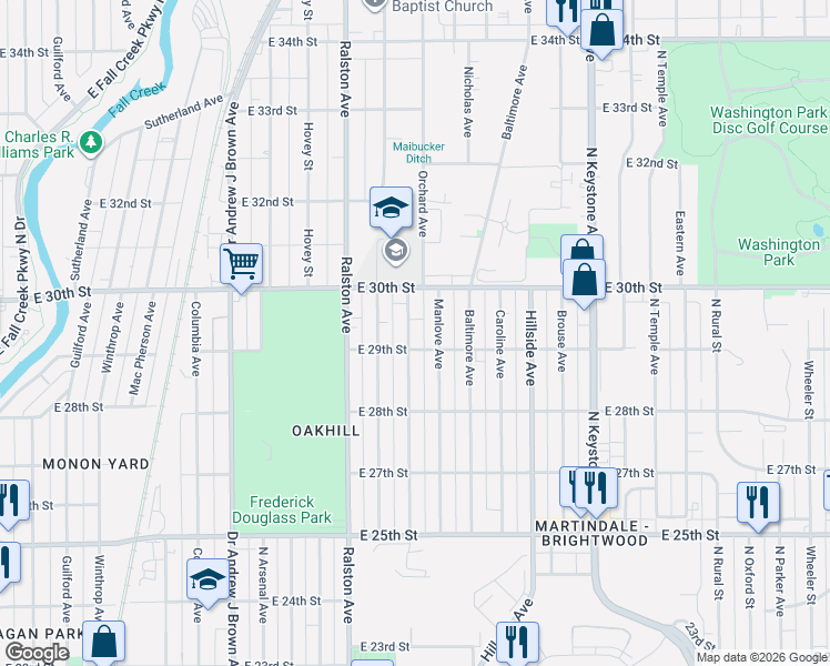 map of restaurants, bars, coffee shops, grocery stores, and more near 2931 Sangster Avenue in Indianapolis
