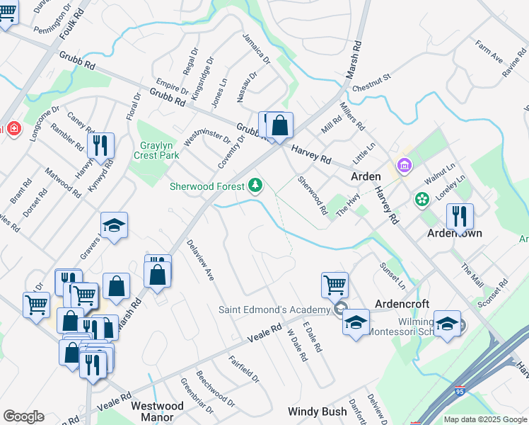 map of restaurants, bars, coffee shops, grocery stores, and more near 2042 Avery Lane in Wilmington