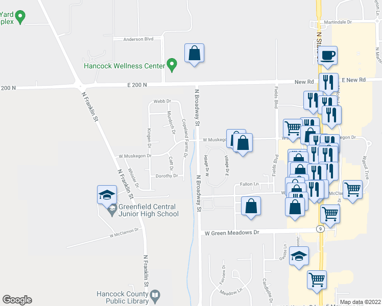 map of restaurants, bars, coffee shops, grocery stores, and more near 1729 Copeland Farms Drive in Greenfield