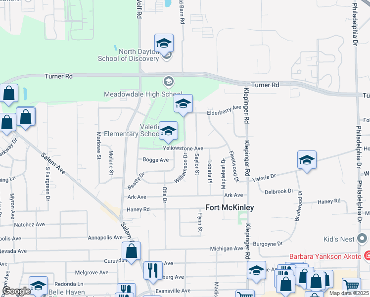 map of restaurants, bars, coffee shops, grocery stores, and more near 3871 Yellowstone Avenue in Dayton