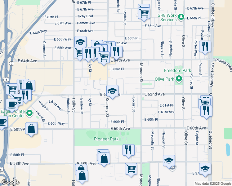 map of restaurants, bars, coffee shops, grocery stores, and more near 6201 East 62nd Avenue in Commerce City