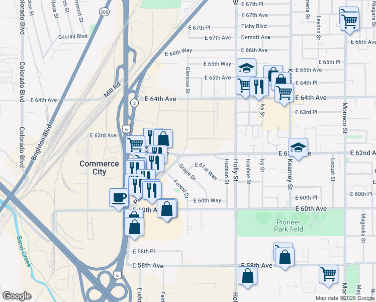 map of restaurants, bars, coffee shops, grocery stores, and more near Parkway Dr in Commerce City