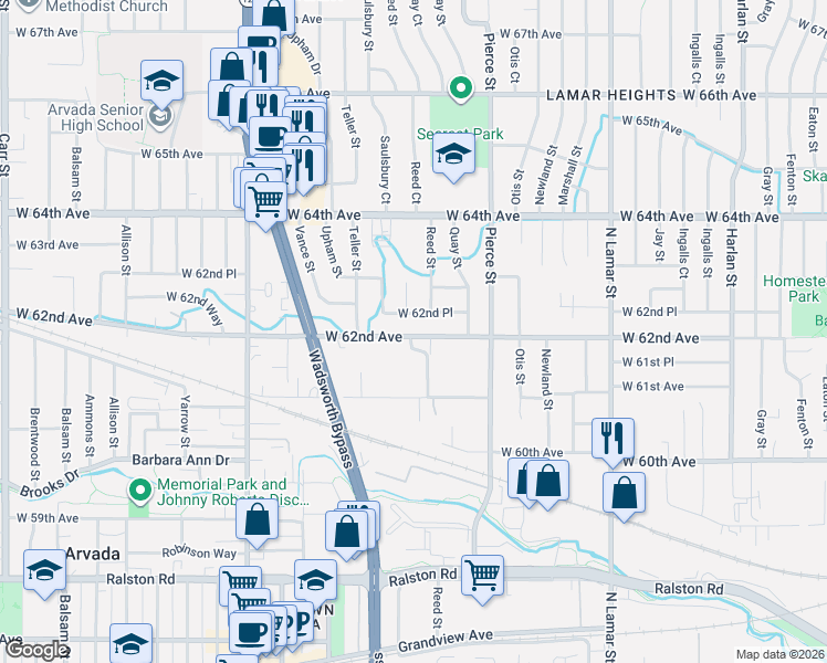 map of restaurants, bars, coffee shops, grocery stores, and more near 7017 West 62nd Place in Arvada