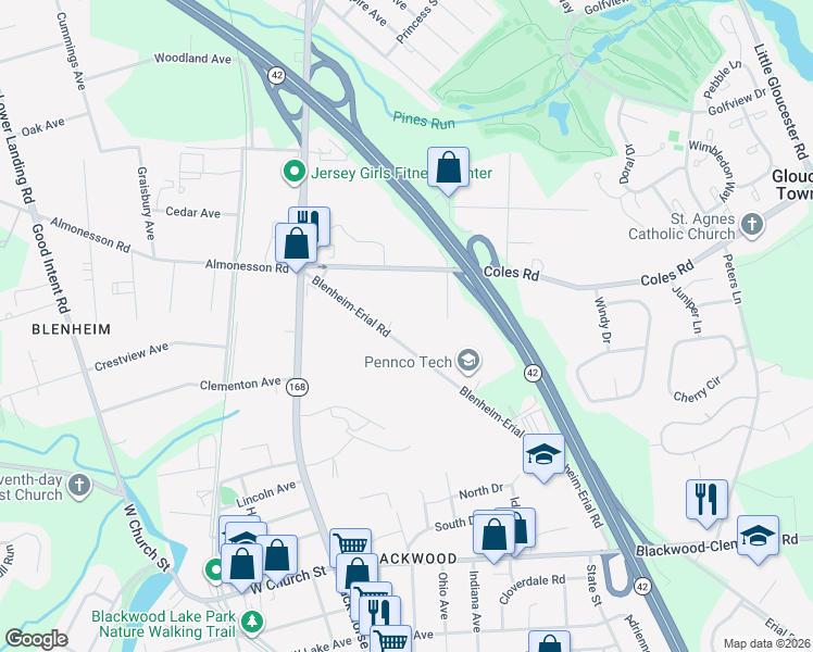 map of restaurants, bars, coffee shops, grocery stores, and more near 40 Coles Road in Camden County