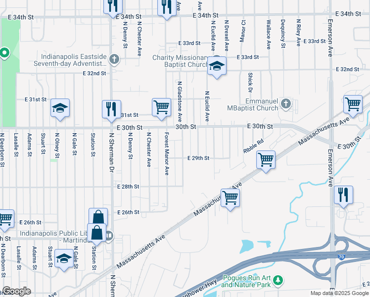 map of restaurants, bars, coffee shops, grocery stores, and more near 2952 North Colorado Avenue in Indianapolis