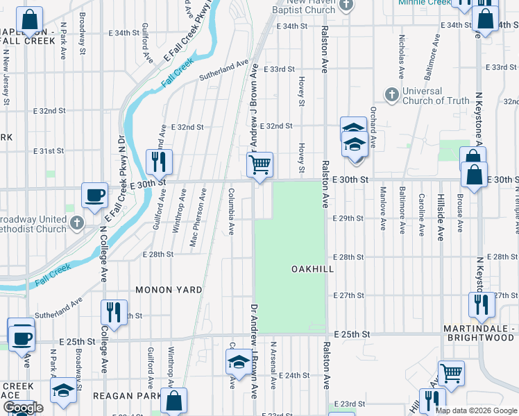 map of restaurants, bars, coffee shops, grocery stores, and more near 2942 North Arsenal Avenue in Indianapolis