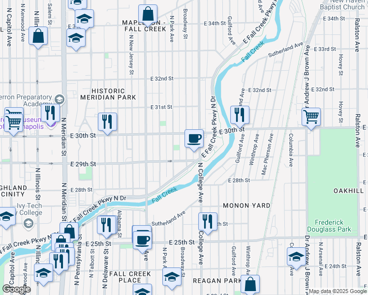 map of restaurants, bars, coffee shops, grocery stores, and more near 2952 Broadway Street in Indianapolis