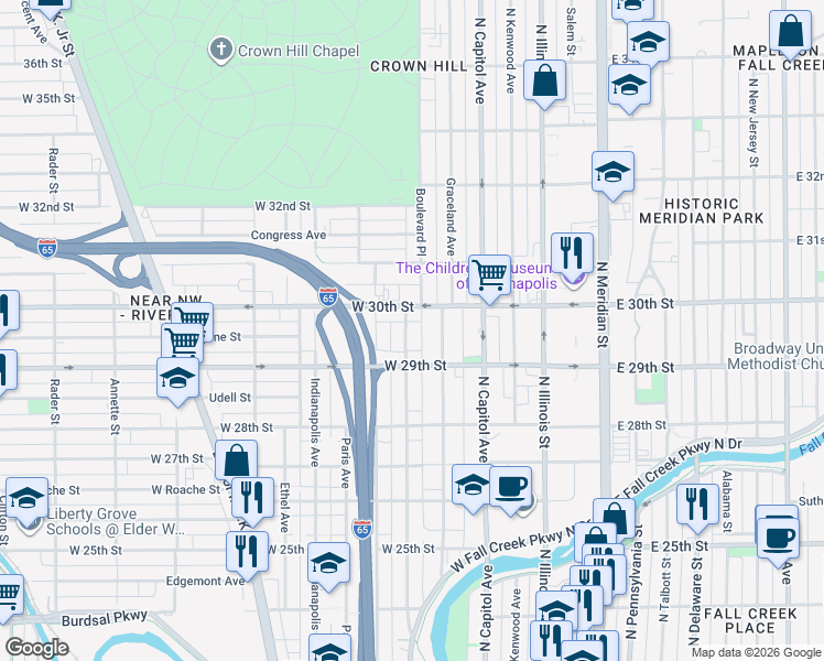 map of restaurants, bars, coffee shops, grocery stores, and more near 349 30th Street in Indianapolis