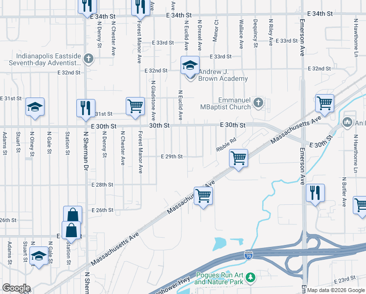 map of restaurants, bars, coffee shops, grocery stores, and more near 2938 North Euclid Avenue in Indianapolis
