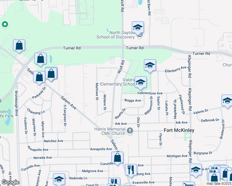 map of restaurants, bars, coffee shops, grocery stores, and more near 4282 Wolf Road in Dayton