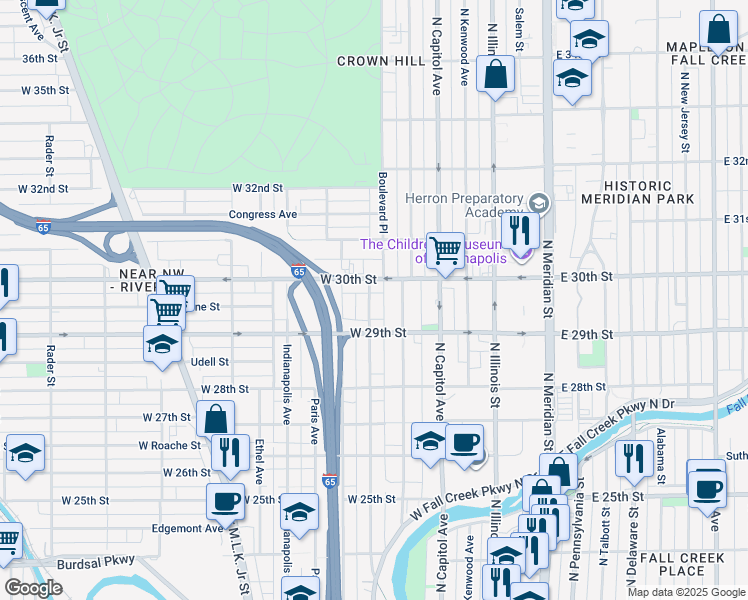 map of restaurants, bars, coffee shops, grocery stores, and more near 349 30th Street in Indianapolis