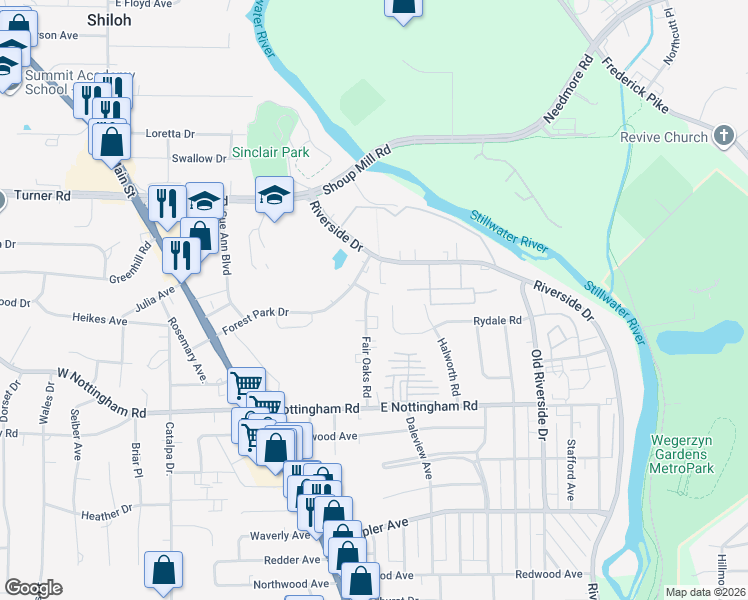 map of restaurants, bars, coffee shops, grocery stores, and more near 4396 Fair Oaks Road in Dayton