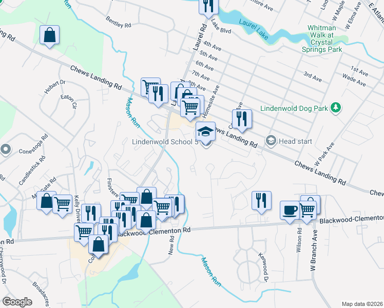 map of restaurants, bars, coffee shops, grocery stores, and more near 2210 Greenwood Drive in Lindenwold