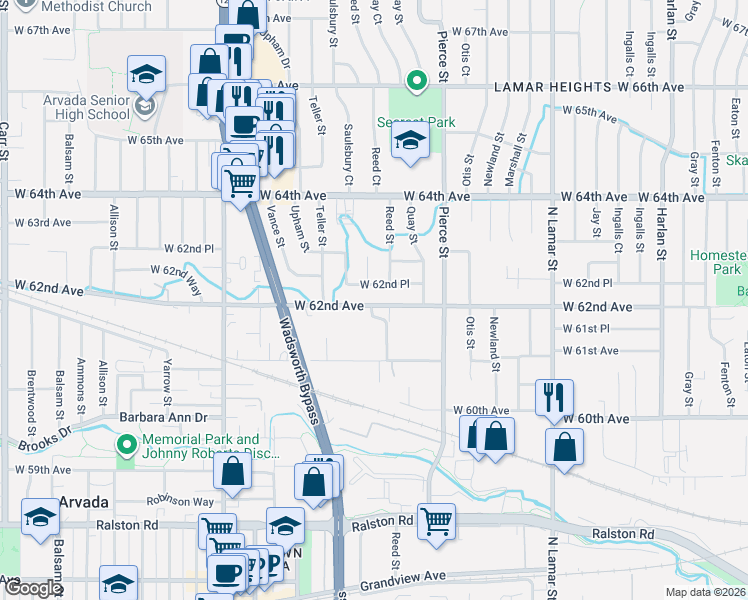 map of restaurants, bars, coffee shops, grocery stores, and more near 7025 West 62nd Avenue in Arvada