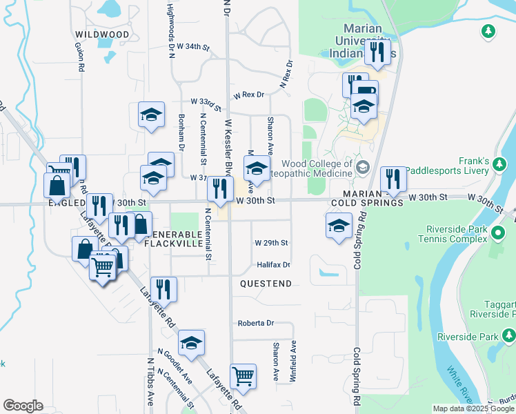 map of restaurants, bars, coffee shops, grocery stores, and more near 2916 West 30th Street in Indianapolis