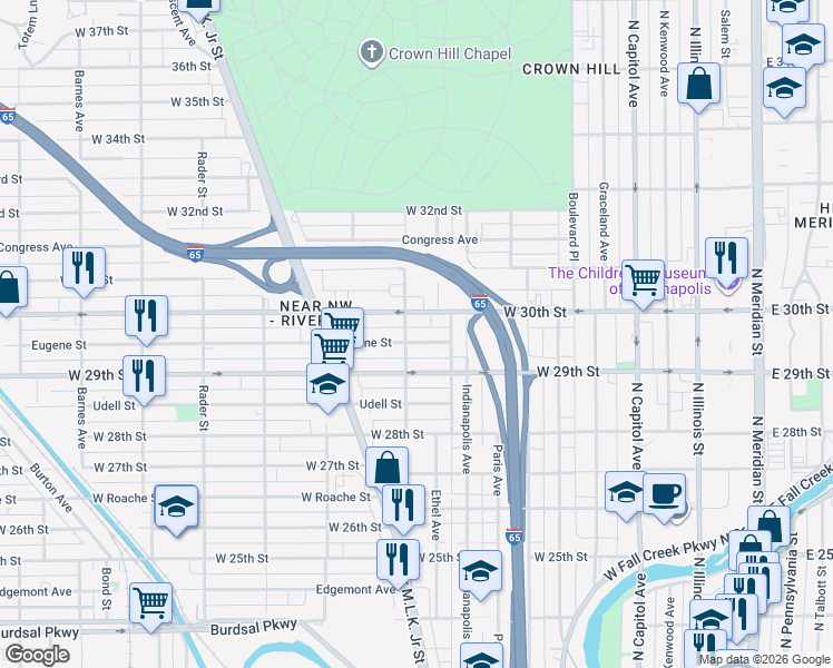 map of restaurants, bars, coffee shops, grocery stores, and more near 603 North California Street in Indianapolis