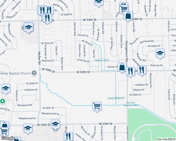 map of restaurants, bars, coffee shops, grocery stores, and more near 5101 Elaine Street in Indianapolis
