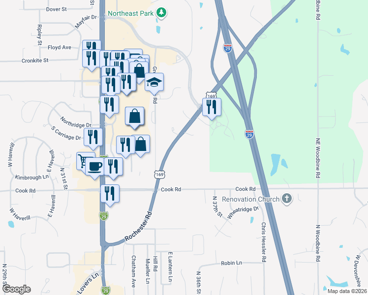 map of restaurants, bars, coffee shops, grocery stores, and more near 4515 Rochester Road in Saint Joseph