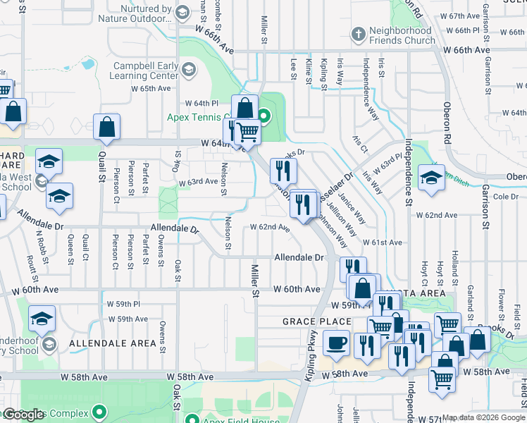map of restaurants, bars, coffee shops, grocery stores, and more near 10440 West 62nd Place in Arvada