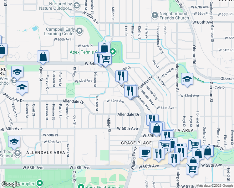 map of restaurants, bars, coffee shops, grocery stores, and more near 10400 West 62nd Place in Arvada