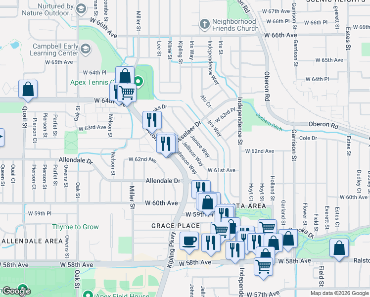map of restaurants, bars, coffee shops, grocery stores, and more near 6187 Jellison Way in Arvada