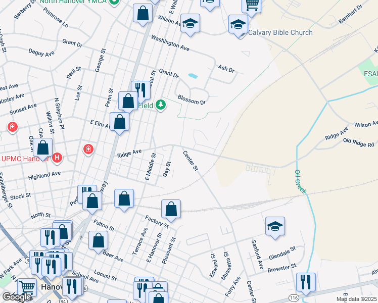 map of restaurants, bars, coffee shops, grocery stores, and more near 425 Ridge Avenue in Hanover