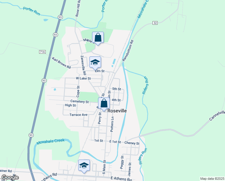 map of restaurants, bars, coffee shops, grocery stores, and more near 7 North Main Street in Roseville