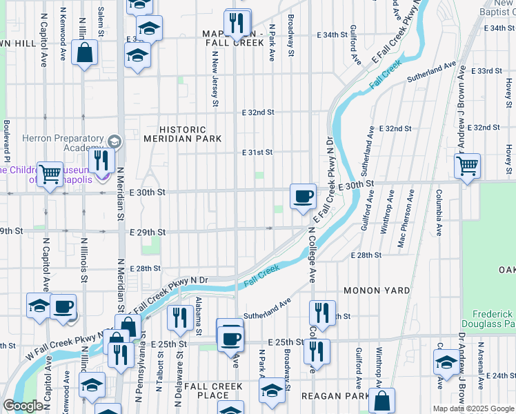 map of restaurants, bars, coffee shops, grocery stores, and more near 2953 Ruckle Street in Indianapolis