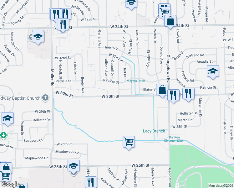 map of restaurants, bars, coffee shops, grocery stores, and more near 5101 Elaine Street in Indianapolis