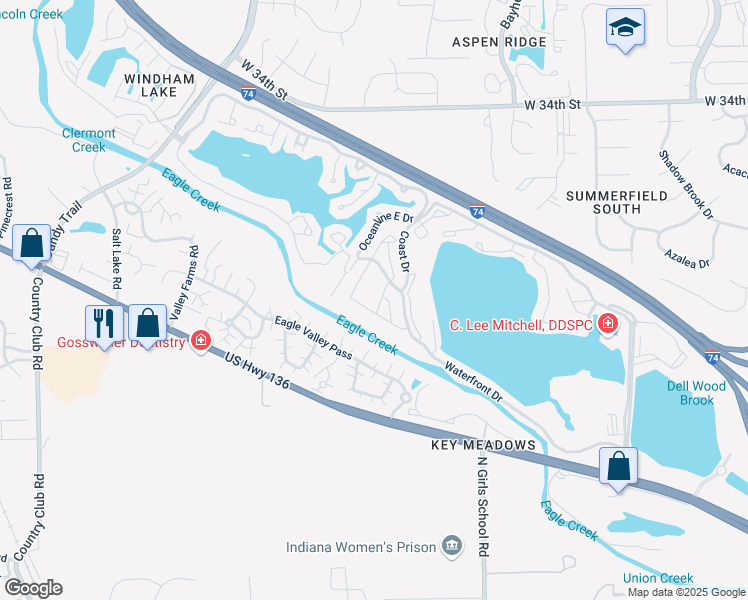 map of restaurants, bars, coffee shops, grocery stores, and more near 3030 Pebble Point Drive in Indianapolis