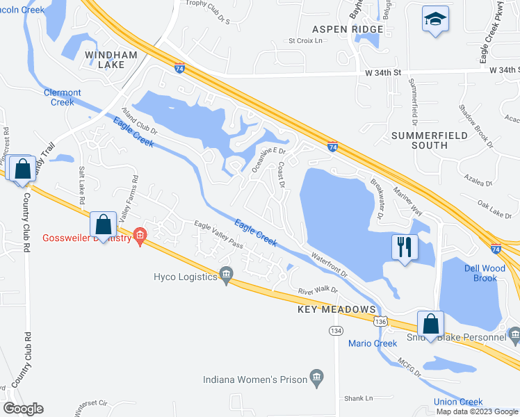 map of restaurants, bars, coffee shops, grocery stores, and more near 3030 Pebble Point Drive in Indianapolis