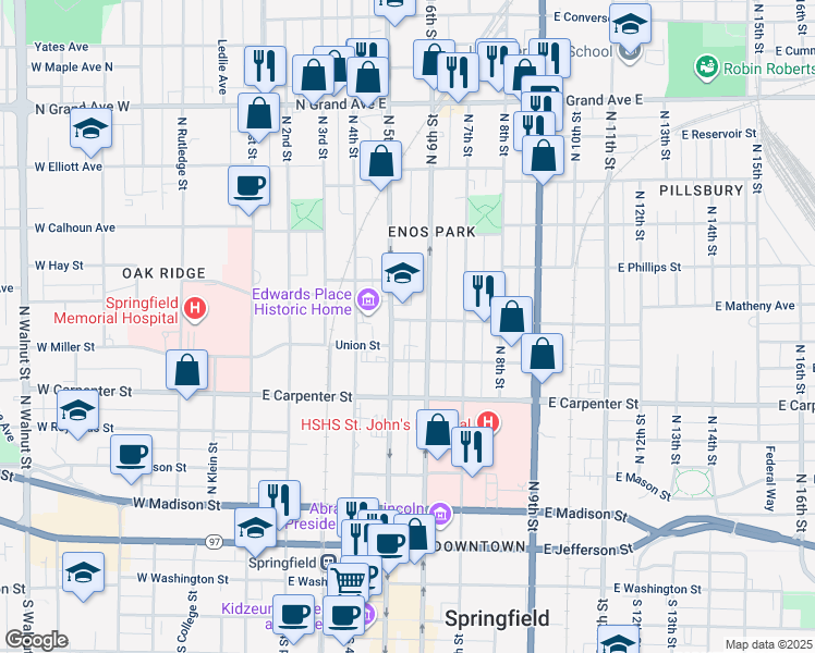 map of restaurants, bars, coffee shops, grocery stores, and more near 800-816 North 5th Street in Springfield