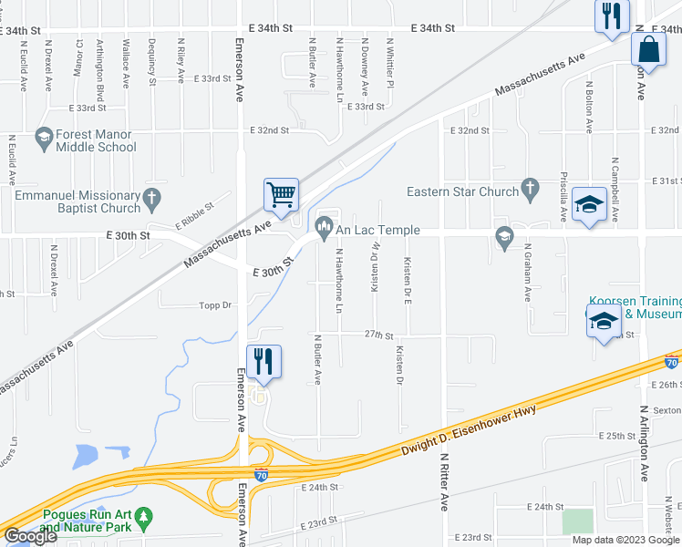 map of restaurants, bars, coffee shops, grocery stores, and more near 2811 North Hawthorne Lane in Indianapolis