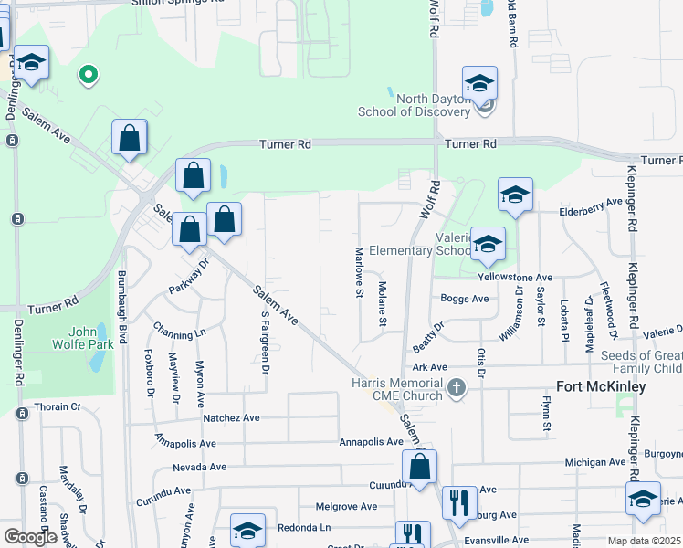map of restaurants, bars, coffee shops, grocery stores, and more near 42 Meadow Drive in Dayton
