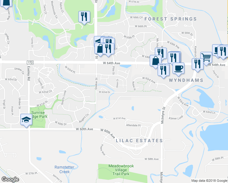 map of restaurants, bars, coffee shops, grocery stores, and more near 16079 West 62nd Drive in Golden
