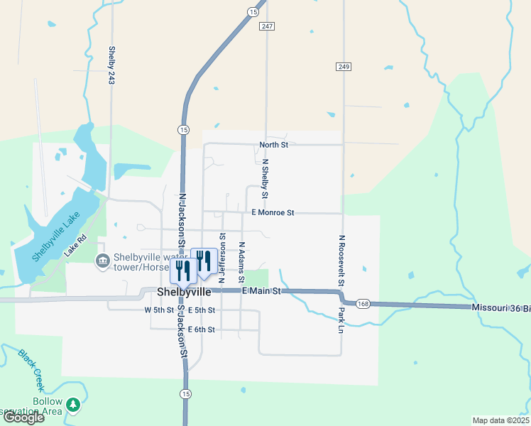map of restaurants, bars, coffee shops, grocery stores, and more near 500 East Monroe Street in Shelbyville