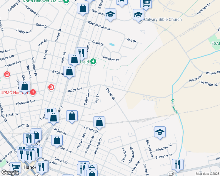 map of restaurants, bars, coffee shops, grocery stores, and more near 425 Ridge Avenue in Hanover