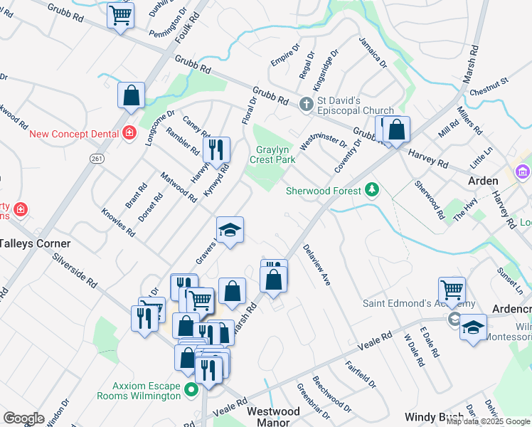 map of restaurants, bars, coffee shops, grocery stores, and more near 1912 Marsh Road in Wilmington