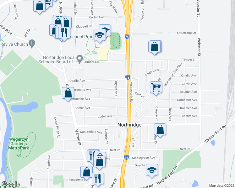 map of restaurants, bars, coffee shops, grocery stores, and more near 4702 Bryant Avenue in Dayton