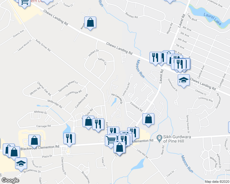 map of restaurants, bars, coffee shops, grocery stores, and more near 447 Via Cascata Drive in Clementon