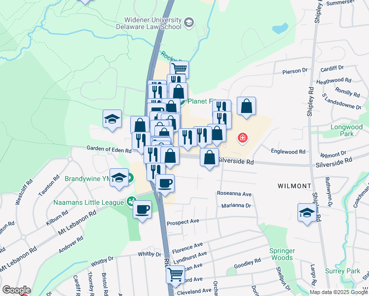 map of restaurants, bars, coffee shops, grocery stores, and more near 3515 Silverside Road in Wilmington