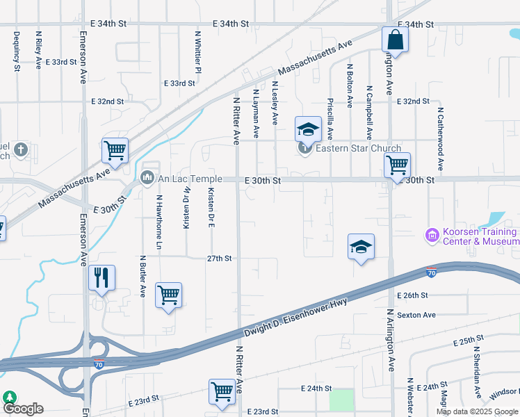 map of restaurants, bars, coffee shops, grocery stores, and more near 5501 East 30th Street in Indianapolis