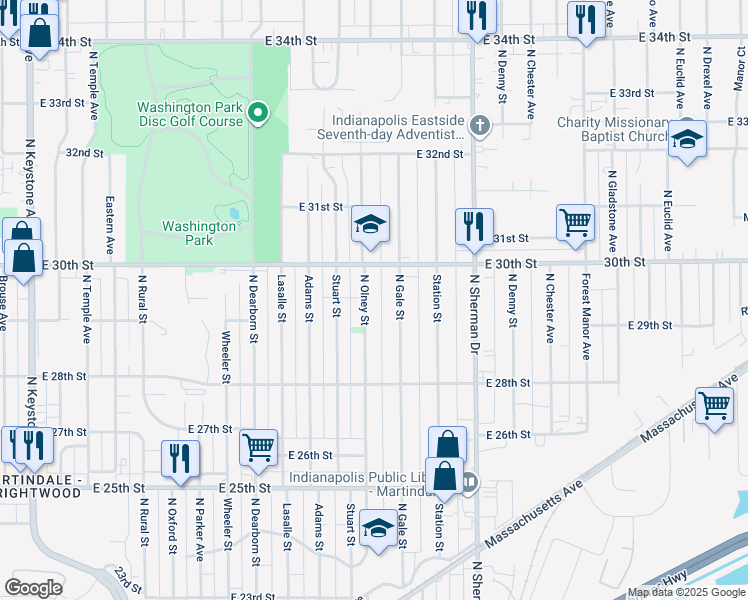 map of restaurants, bars, coffee shops, grocery stores, and more near 2946 North Olney Street in Indianapolis