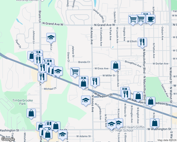 map of restaurants, bars, coffee shops, grocery stores, and more near 1500 West Enos Avenue in Springfield