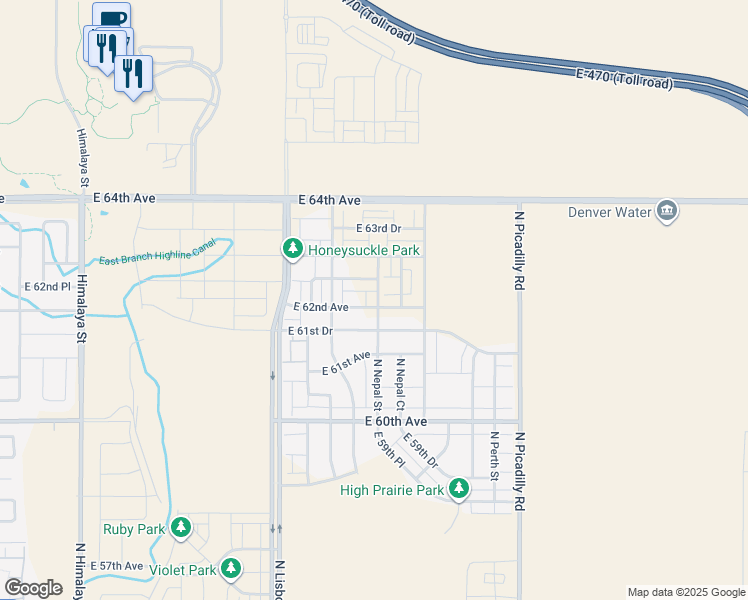 map of restaurants, bars, coffee shops, grocery stores, and more near Liverpool Street in Aurora