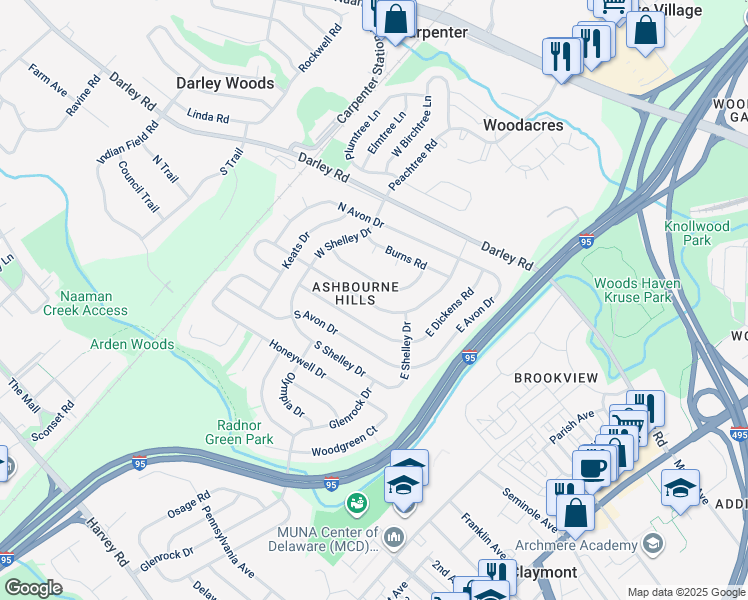 map of restaurants, bars, coffee shops, grocery stores, and more near 39 Ruby Drive in Claymont