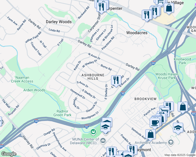 map of restaurants, bars, coffee shops, grocery stores, and more near 39 Ruby Drive in Claymont